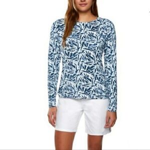 Hang Ten Blue And White Palm Print Long Sleeve Sun Protectant/Rash Guard Top